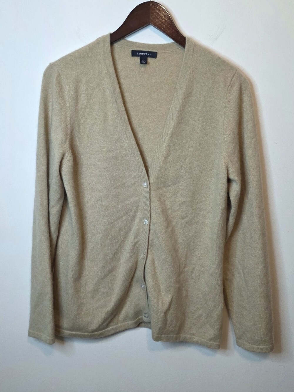 Land's End Tan 100% Cashmere Button Up Cardigan Sweater Size Medium